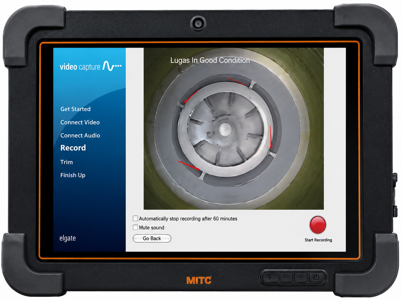 Rugged tablet displaying mechanical inspection video capture interface